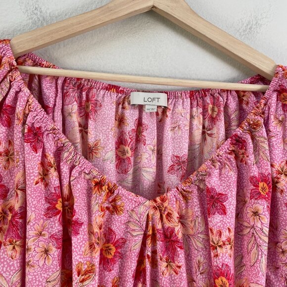 LOFT Womens Plus XXL Floral Pink Lily Gathered Waist V Neck Blouse Shirt Top - Picture 10 of 14